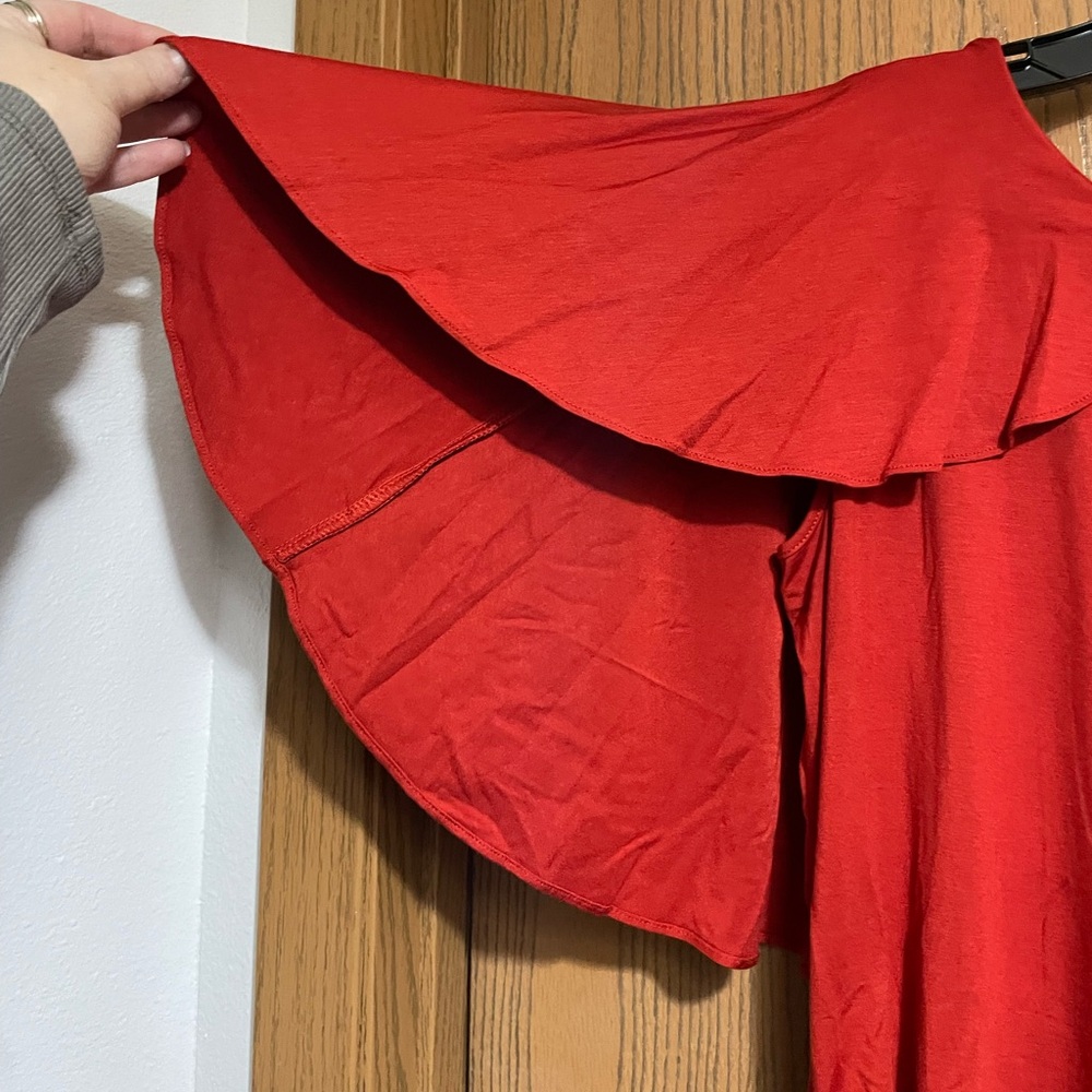Red Ruffle Blouse with Ruched Sides - Picture 3 of 5